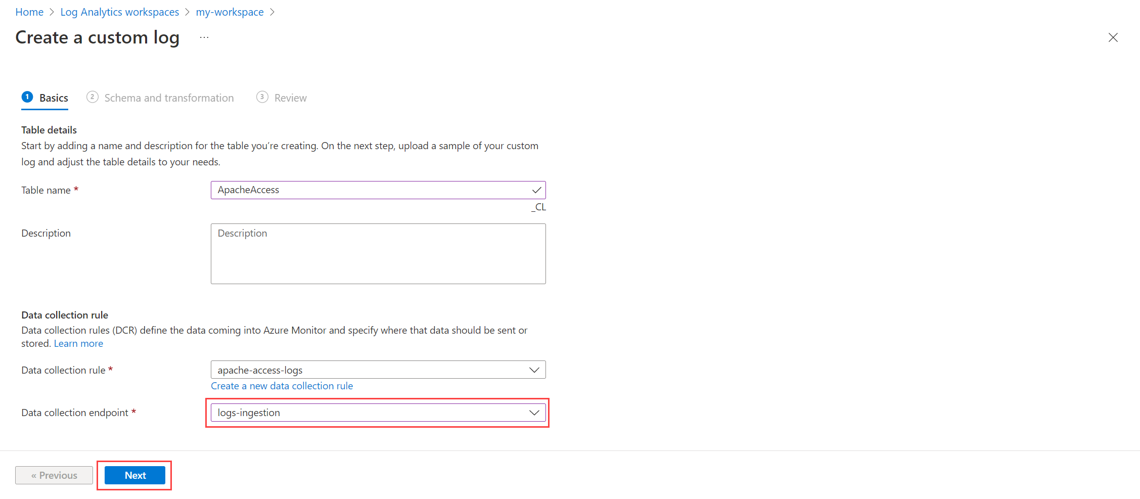 Screenshot des Namens der benutzerdefinierten Protokolltabelle