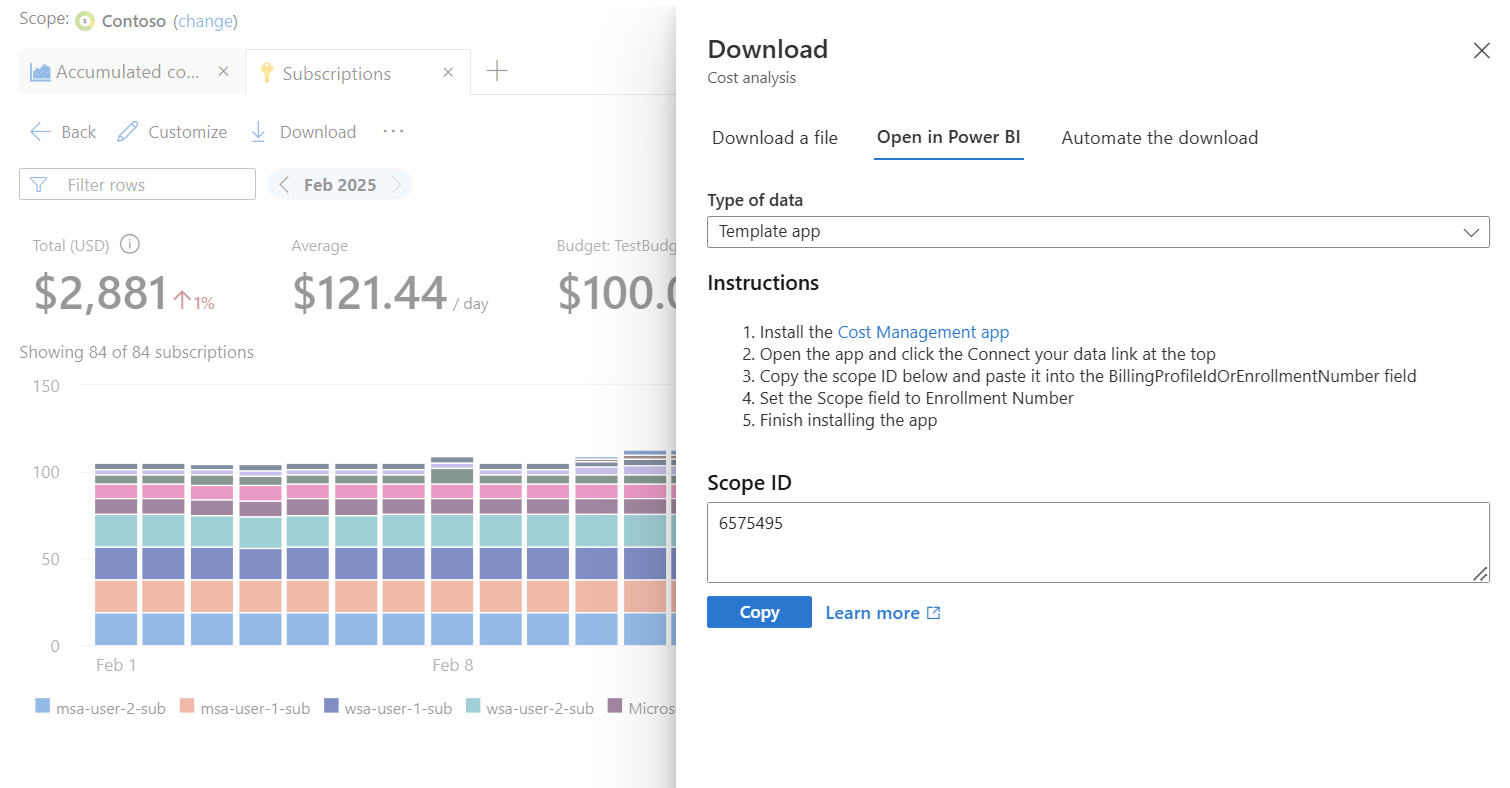 Screenshot der Optionen „Herunterladen – In Power BI öffnen“.