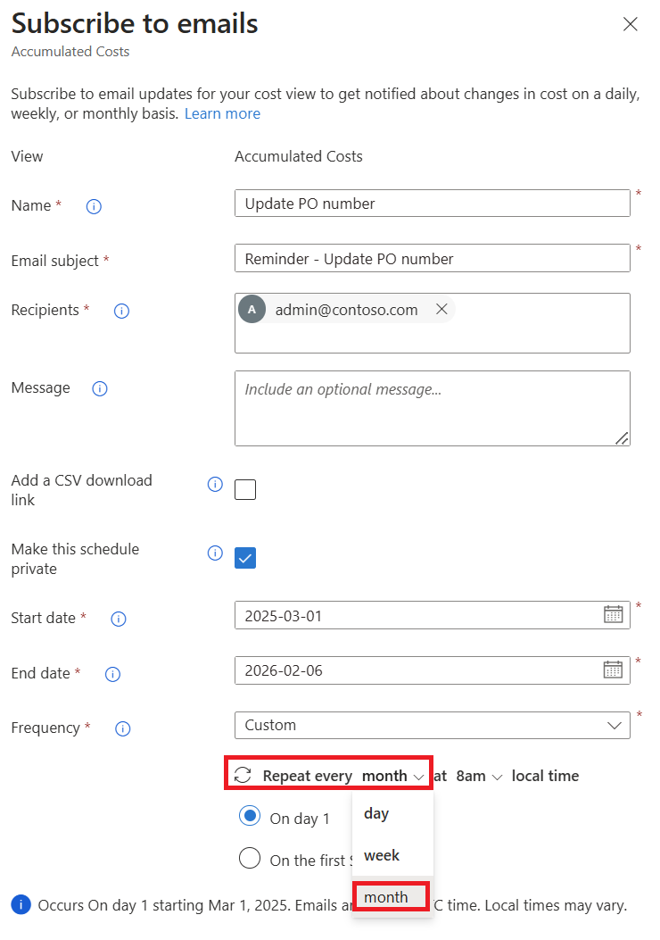 Screenshot des Fensters „E-Mails abonnieren“, in dem Sie die E-Mail-Häufigkeit definieren können.