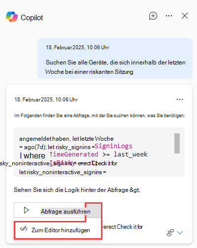 Screenshot: Security Copilot in der erweiterten Suche mit der Option Zum Editor hinzufügen.