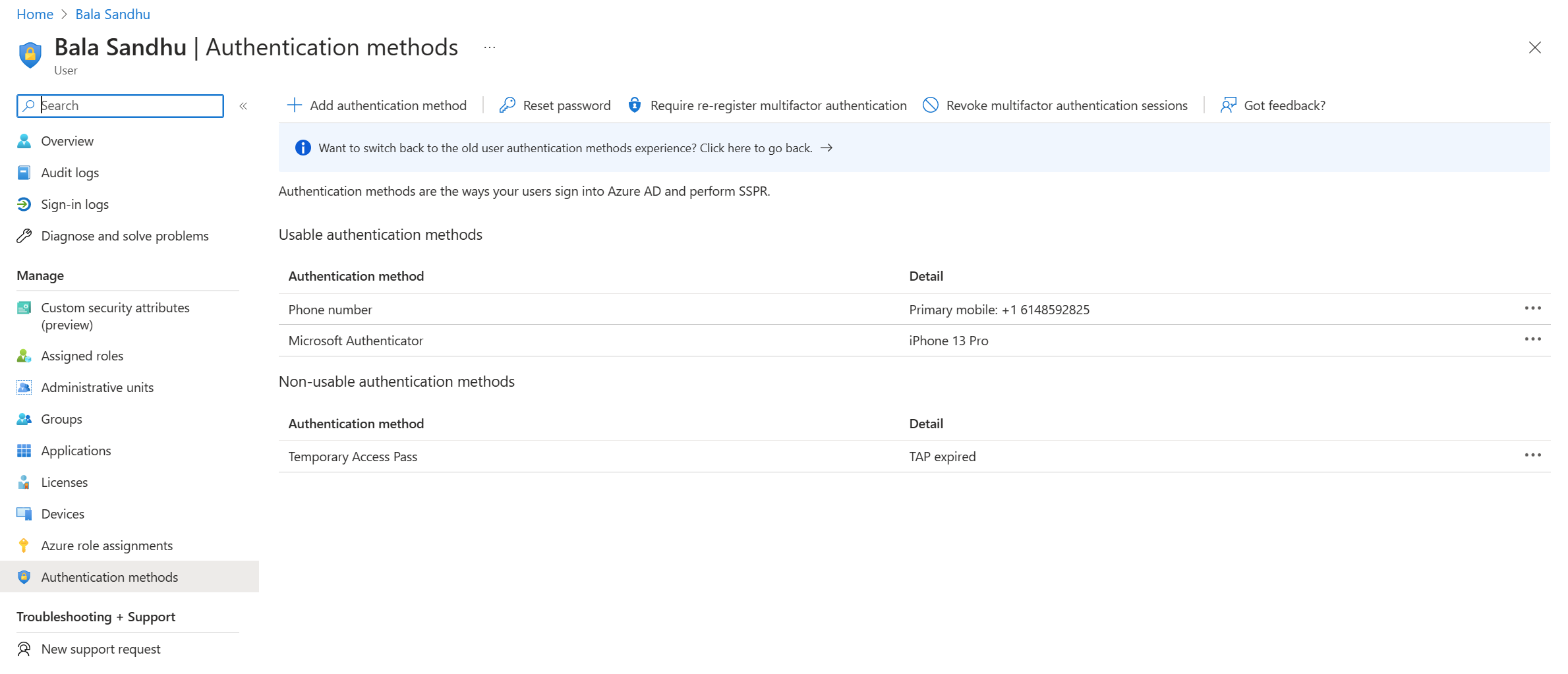 Screenshot of nonusable authentication methods.