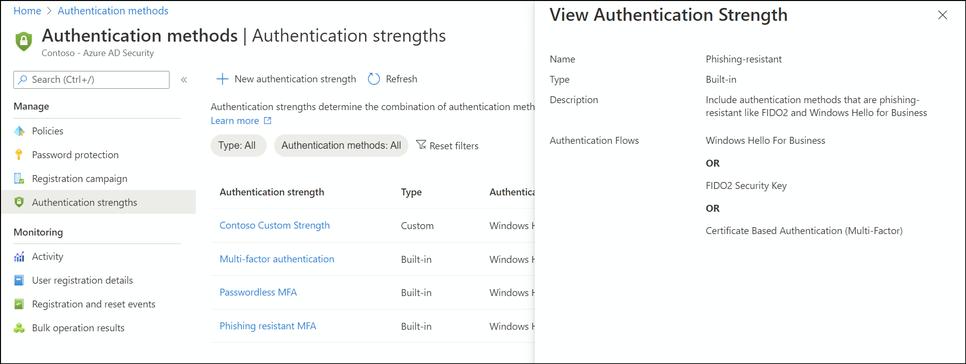 Screenshot that shows the definition of the authentication strength for phishing-resistant multifactor authentication.