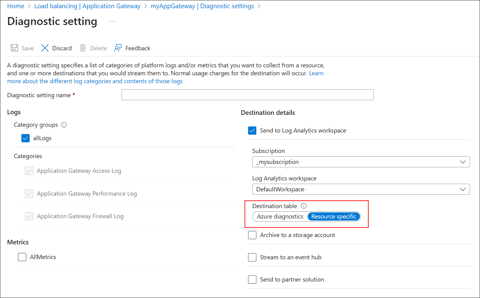 Screenshot of the resource ID for application gateway in the portal.