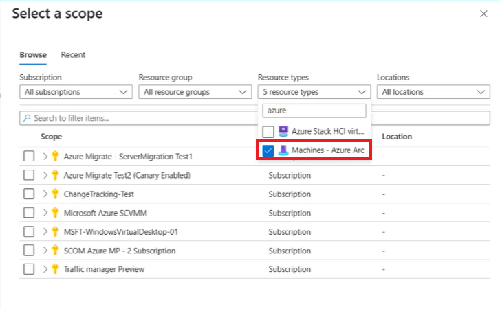 Screenshot showing the selection of Arc-enabled machines from the scope.