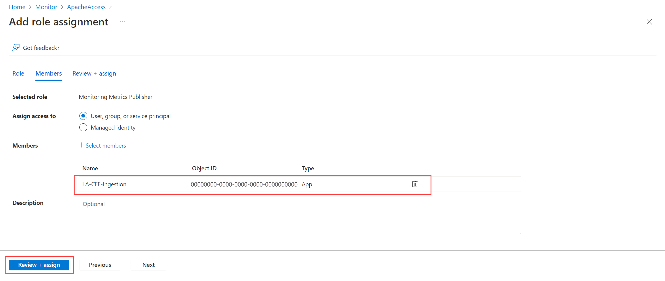 Screenshot that shows saving the DCR role assignment.