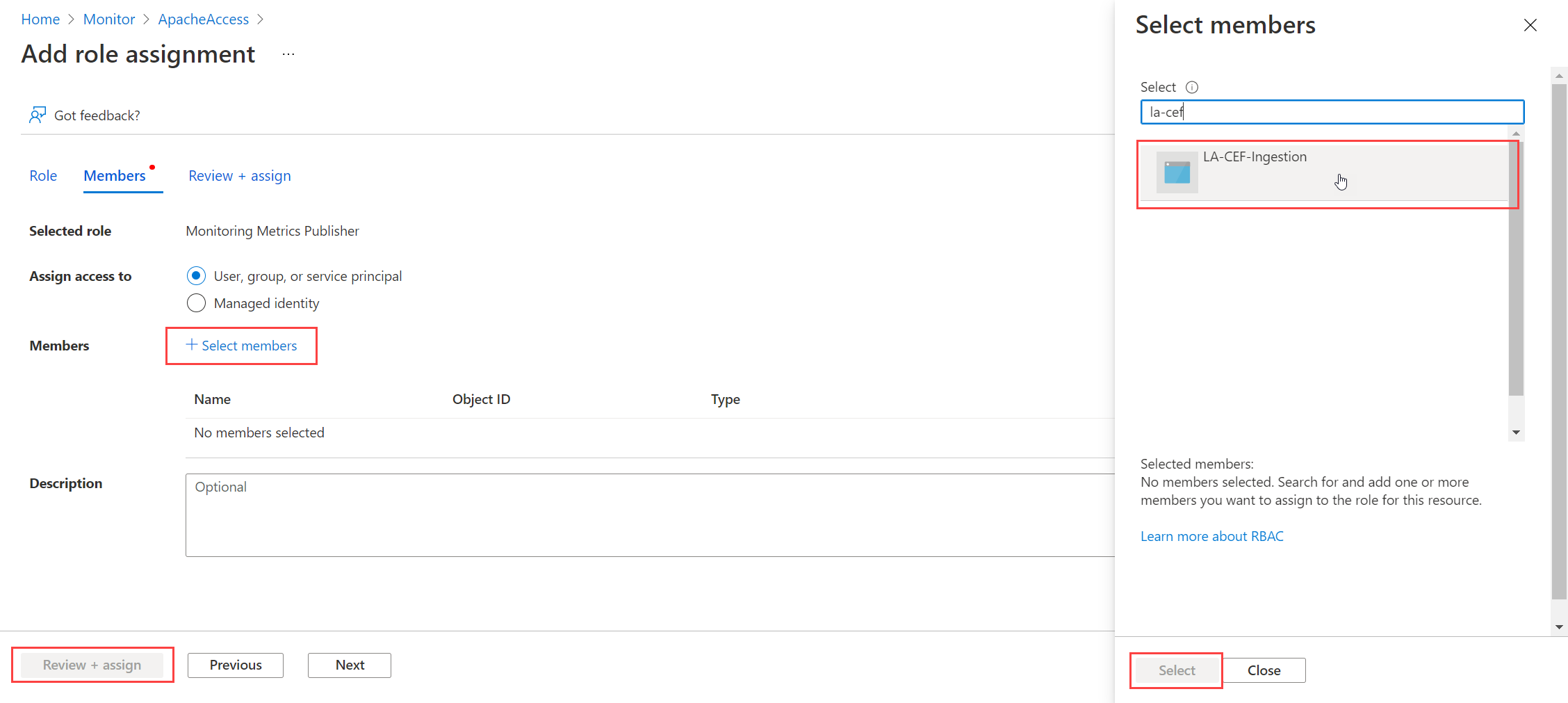 Screenshot that shows selecting members for the DCR role assignment.
