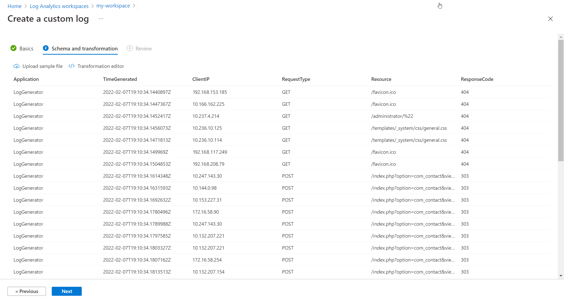 Screenshot that shows a custom log final schema.