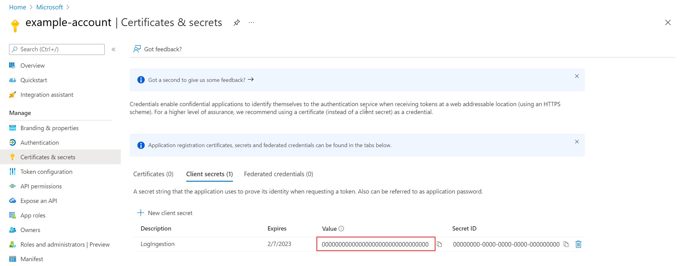 Screenshot that shows the secret value for the new app.