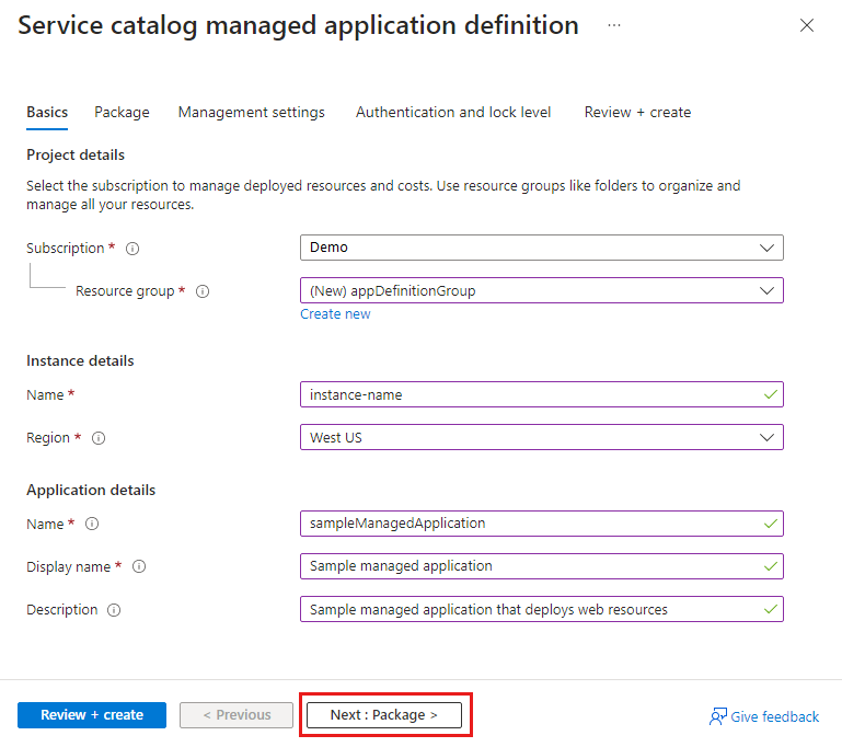 Screenshot of the Basics tab on the form to create a service catalog definition.