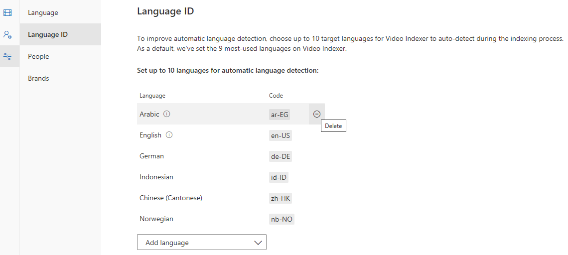 Screenshot showing a table showing all of the selected languages.