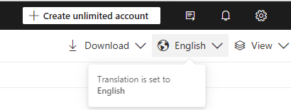 Screenshot showing a menu with download, English, and views as menu items. A tooltip is shown as mouseover on the English item and says Translation is set to English.
