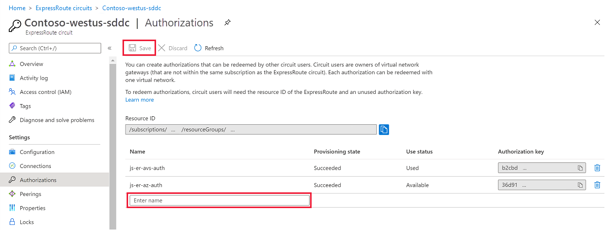 Screenshot of selecting Authorizations and entering a name for the authorization key.