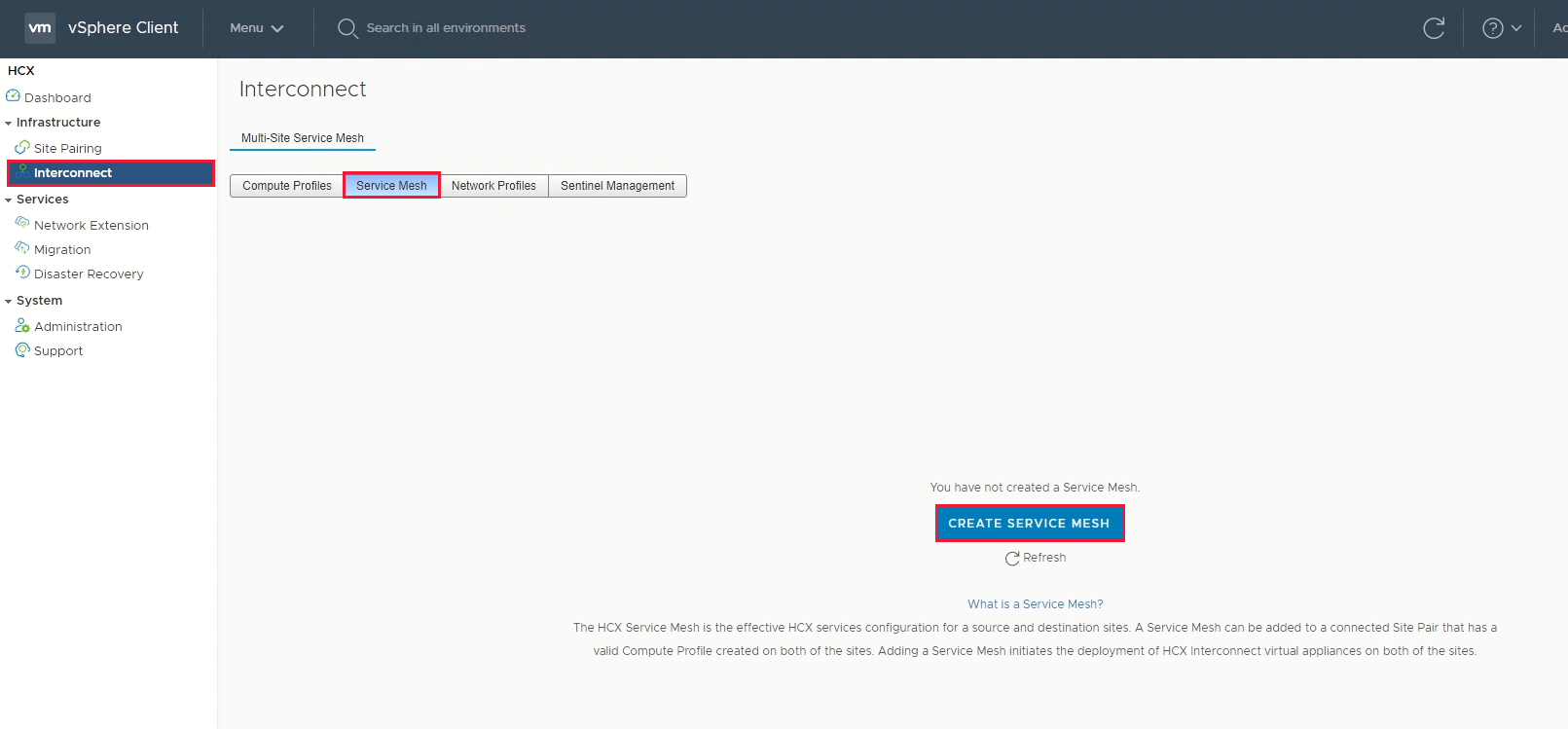 Screenshot showing where to create a service mesh in the vSphere Client.