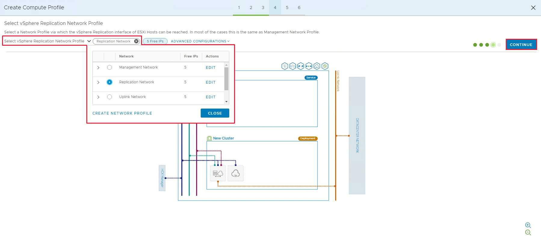 Screenshot displaying the selection of a replication network profile and the Continue button.