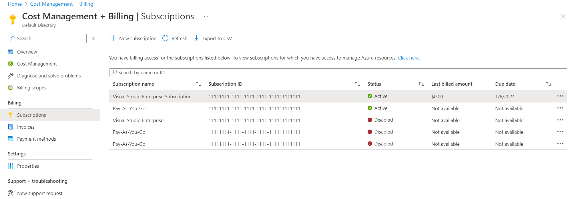 Screenshot that shows selecting subscriptions.