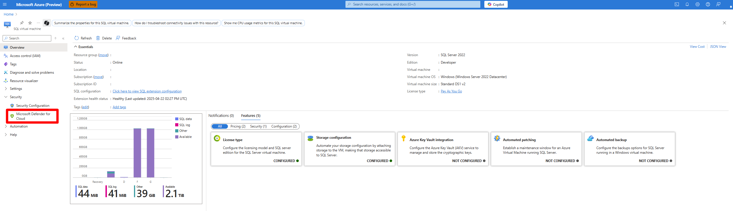 Screenshot that shows where to locate Defender for Cloud under the security section.