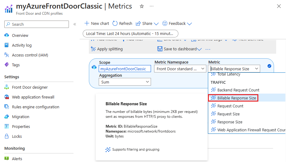 Screenshot of the billable response size metric for Front Door (classic).