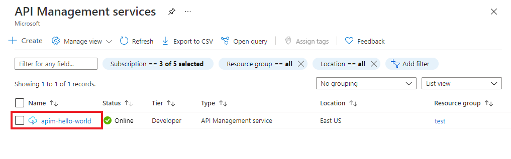 Screenshot that shows the API Management services page.