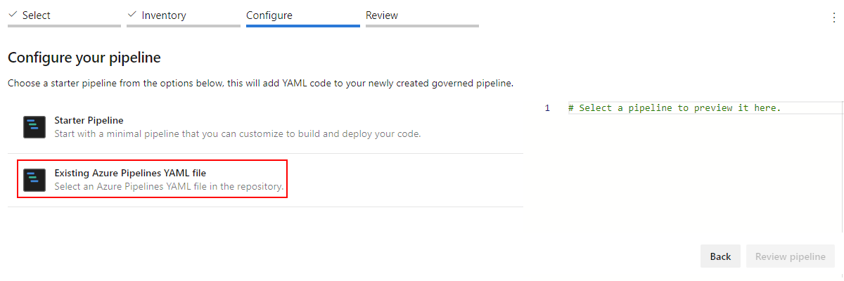 Screenshot shows Configure page for selecting a pipeline type.