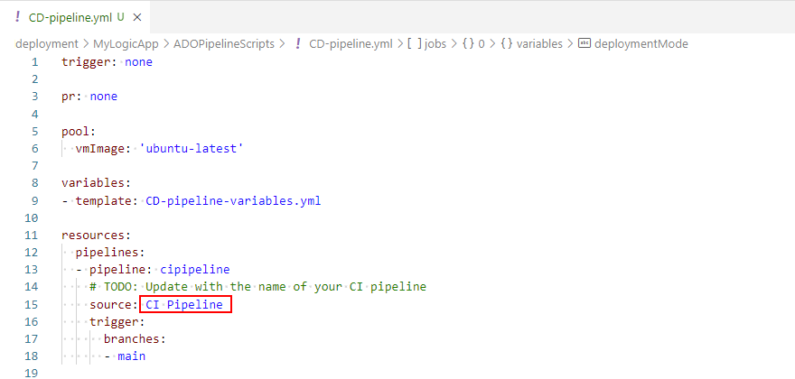 Screenshot shows Visual Studio Code, Source control window, opened CD-pipeline.yml file, and highlighted source field for CI pipeline name.