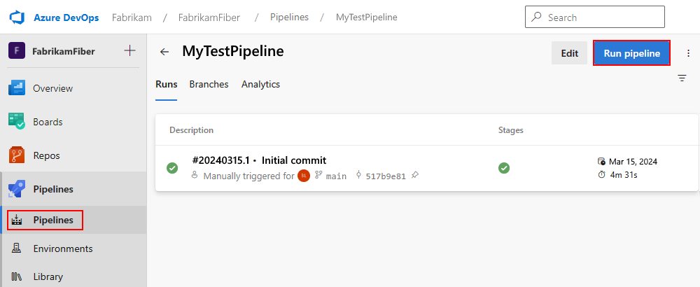 Screenshot shows the pane for the created pipeline and the selected option for Run pipeline.