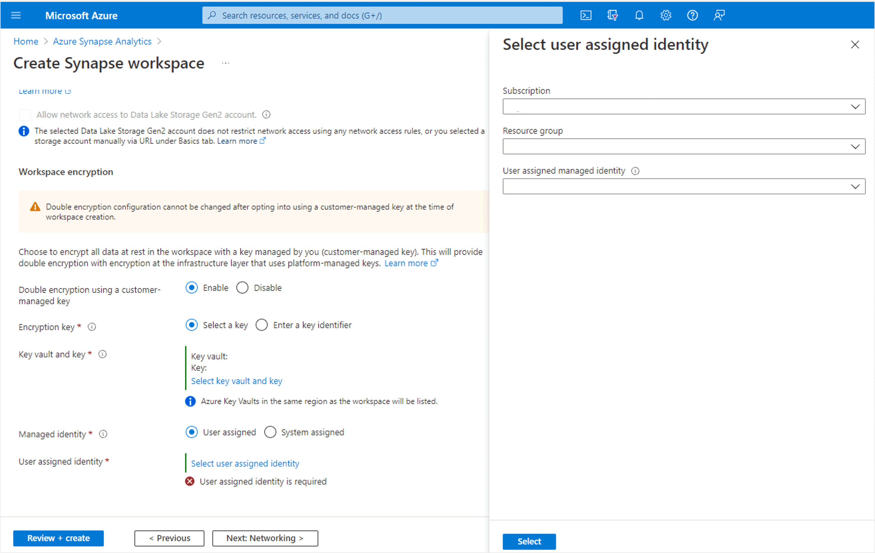 This diagram shows the option that must be selected to enable a workspace to use user-assigned managed-identity for double encryption with a customer-managed key.