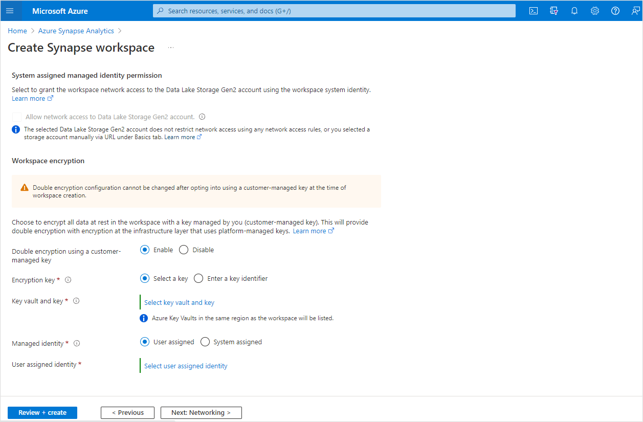 This diagram shows the option that must be selected to enable a workspace for double encryption with a customer-managed key.