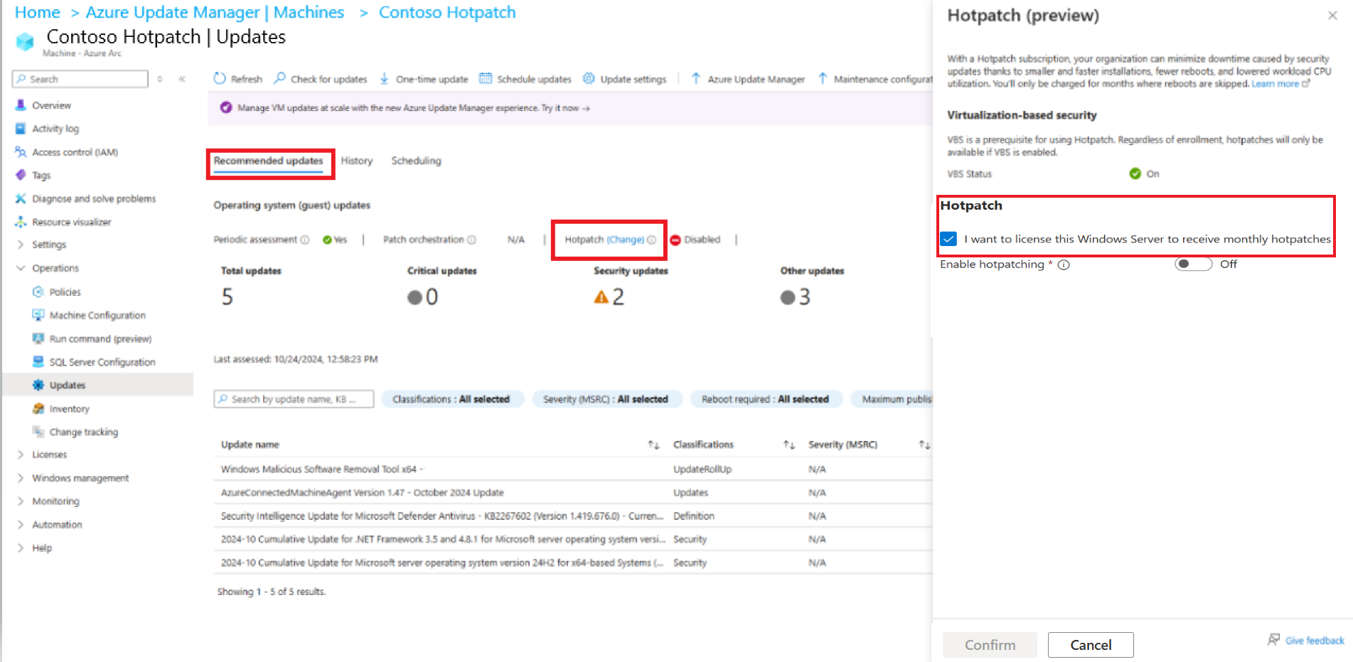 Screenshot showing how to enroll hotpatch license.