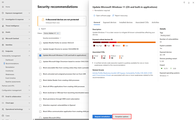 Screenshot highlighting Exception options in a Recommendation pane.