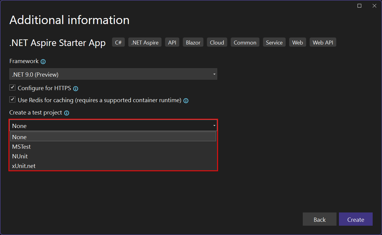 A screenshot of Visual Studio displaying the option to create a test project.