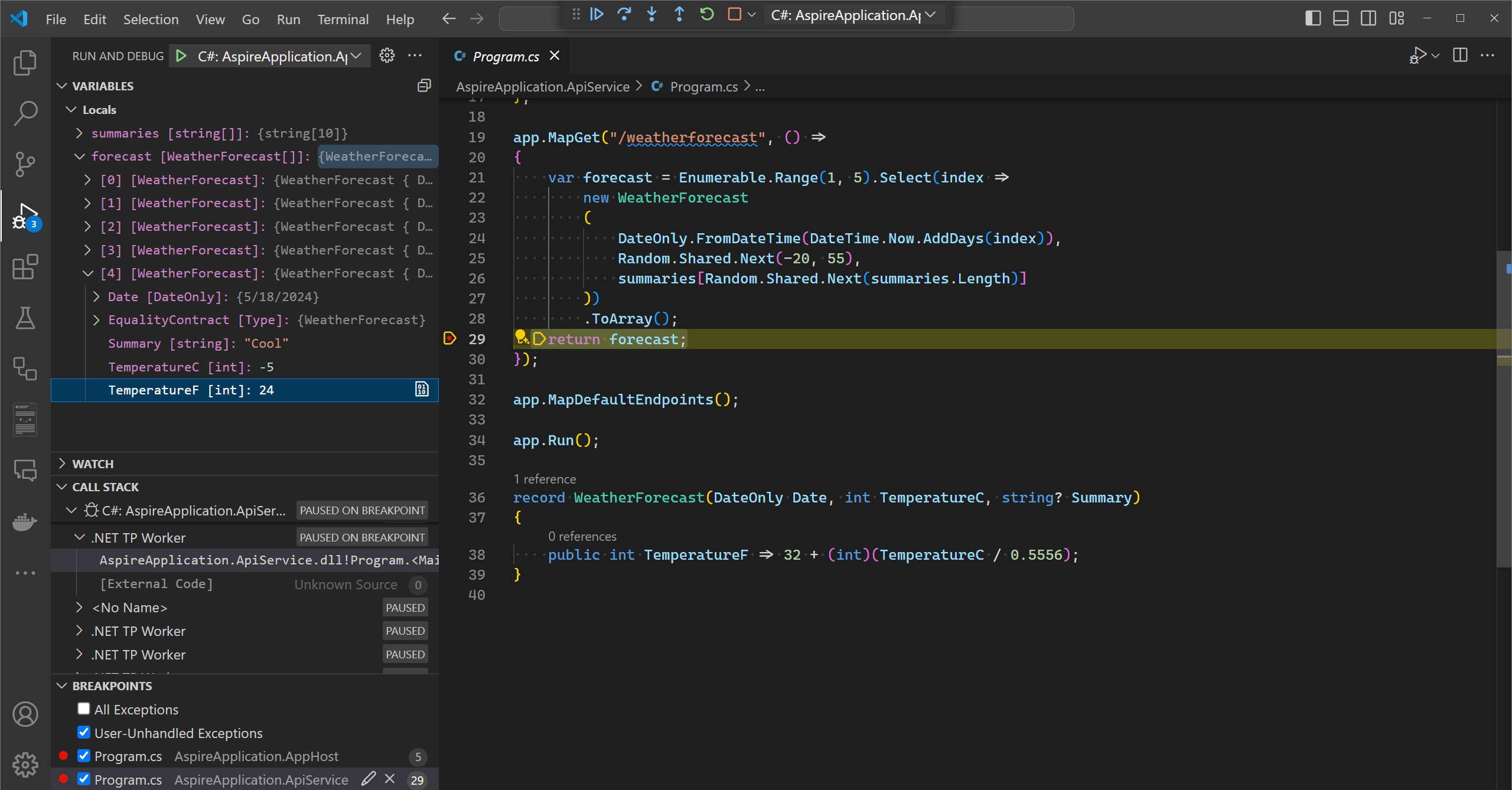 A screenshot showing how to debug an Aspire project in Visual Studio Code.