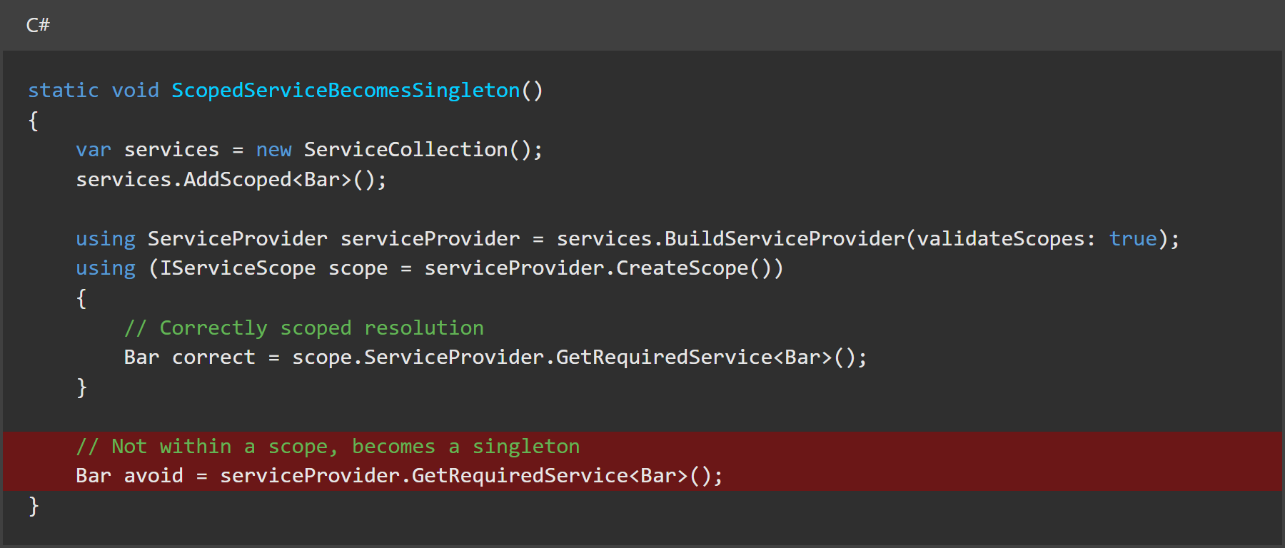 Anti-pattern: Scoped service becomes singleton. Do not copy!