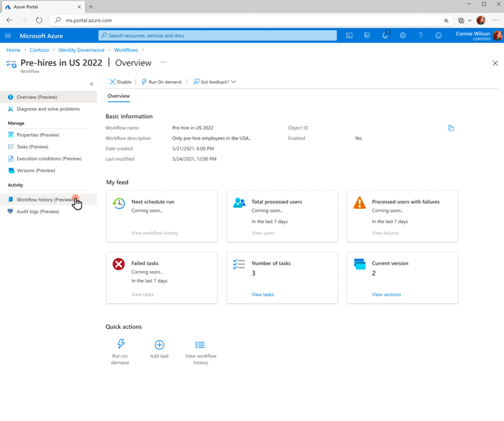 Screenshot of workflow History status.