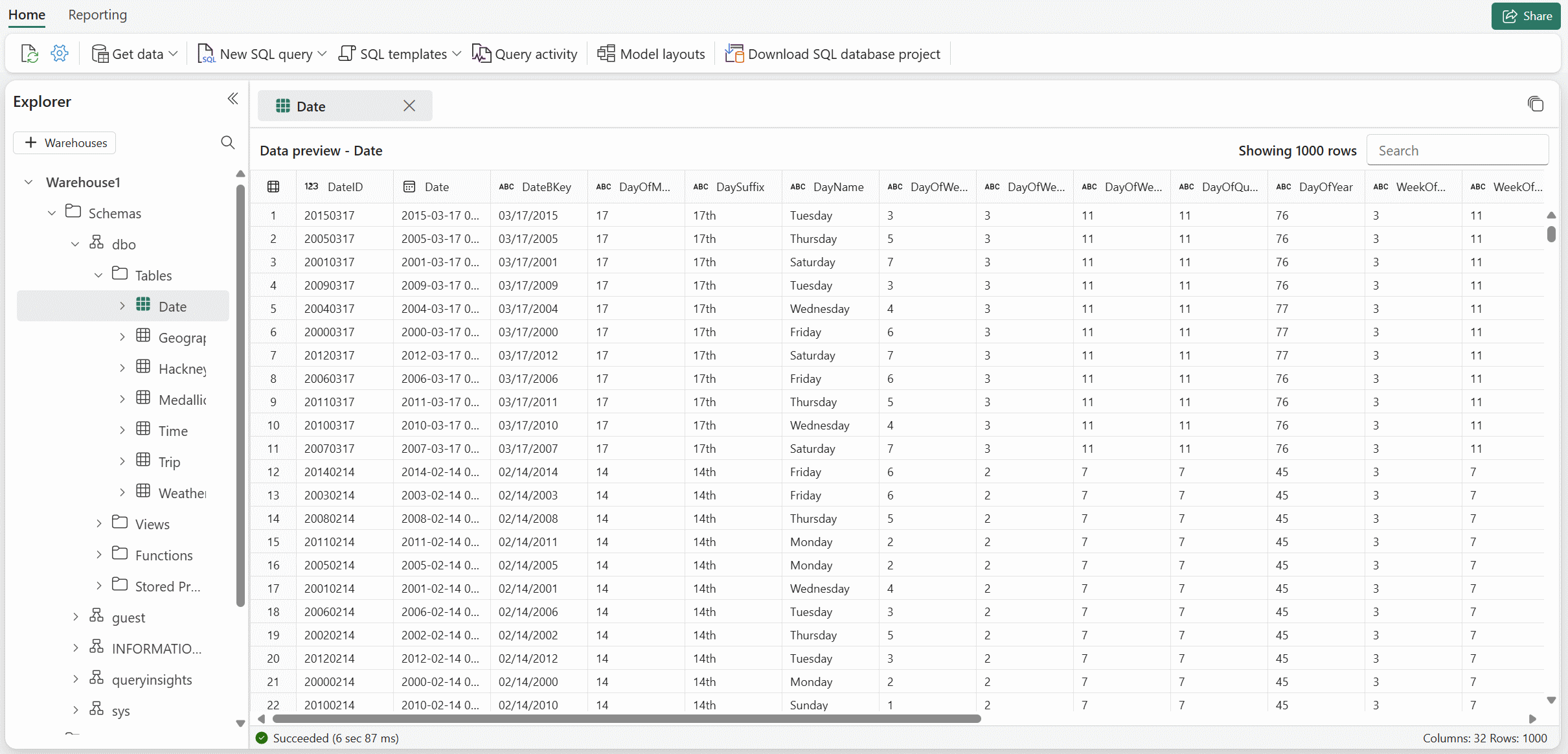 Screenshot showing the Warehouse loaded with sample data.