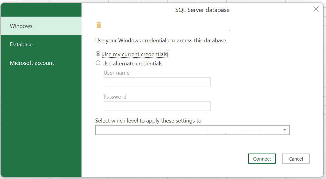Screenshot from Microsoft Excel showing the SQL Server database dialog.