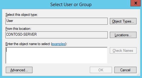 Screenshot of the Select User or Group dialog box. The box to Enter the object name to select is found under the box to Select object type and the From this ___location box.