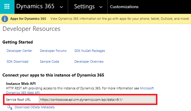 Copy the service root URL in the developer resources Copy the service root URL in the developer resources.