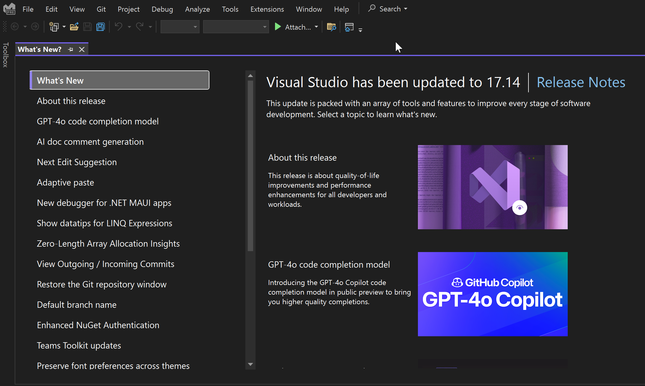 Screenshot of the in-product notification of what's new in each updated release of Visual Studio.
