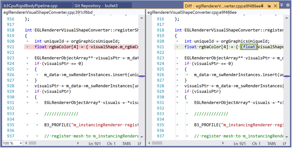 The line-by-line comparison of file versions in Visual Studio