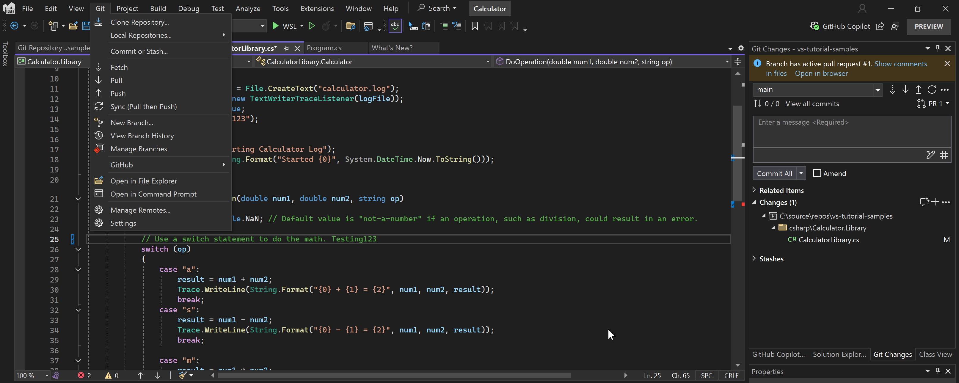 Screenshot of Visual Studio IDE with the Git menu and the Git Changes tab in Solution Explorer showing.