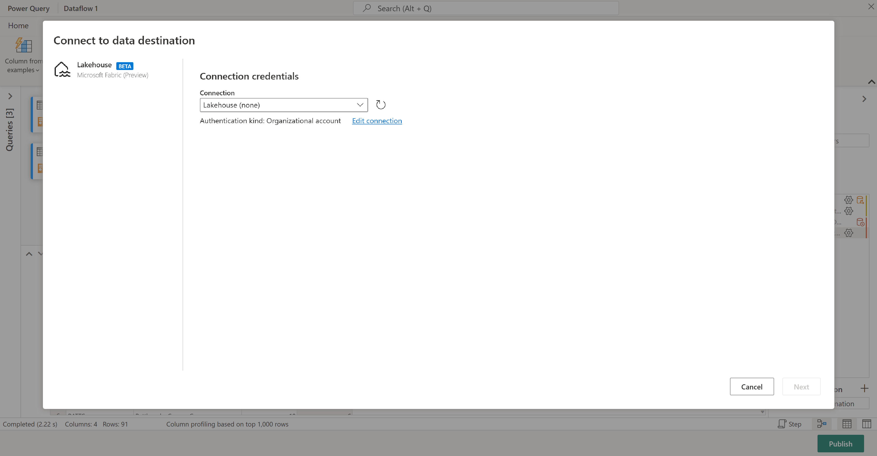 Screenshot della finestra Connetti alla destinazione dati con lakehouse selezionato.