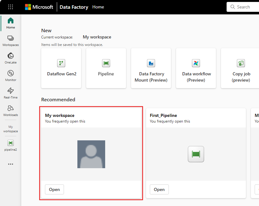 Screenshot della finestra delle aree di lavoro in cui si accede all'area di lavoro.