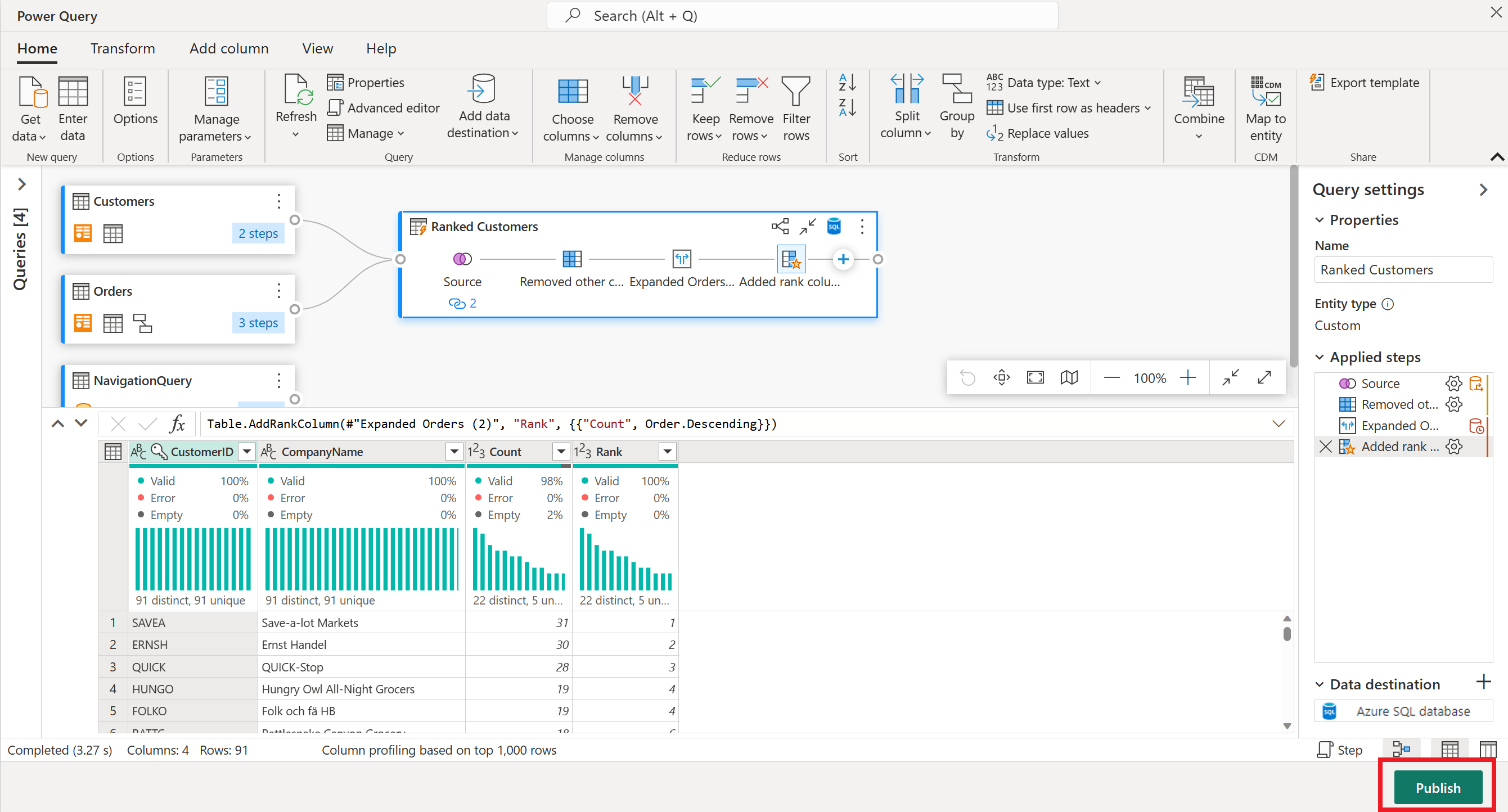Screenshot dell'editor del flusso di dati con il pulsante Pubblica sul lato inferiore destro evidenziato.