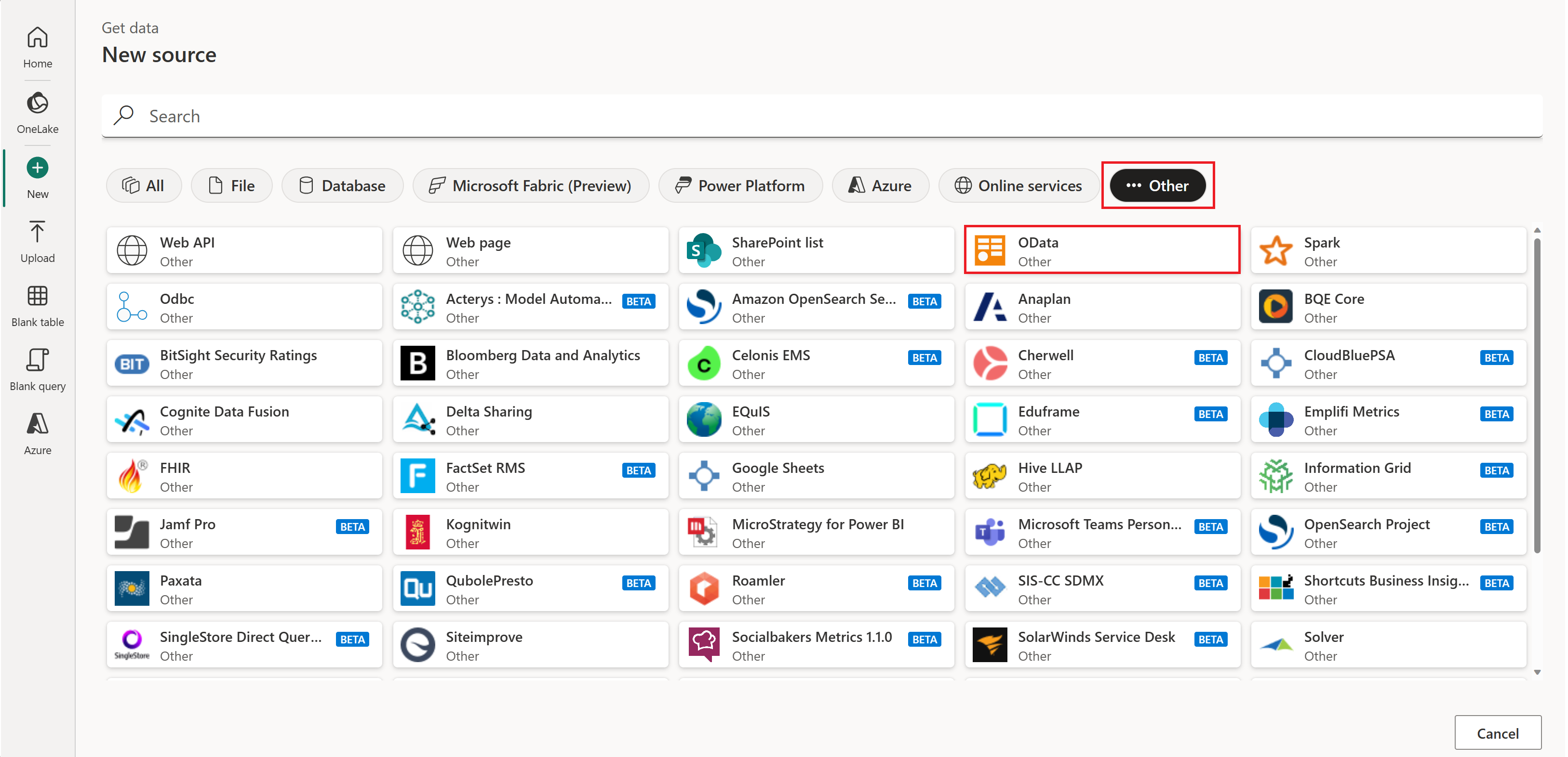 Screenshot dell'opzione Recupera origine dati con la categoria Altro e il connettore OData evidenziati.
