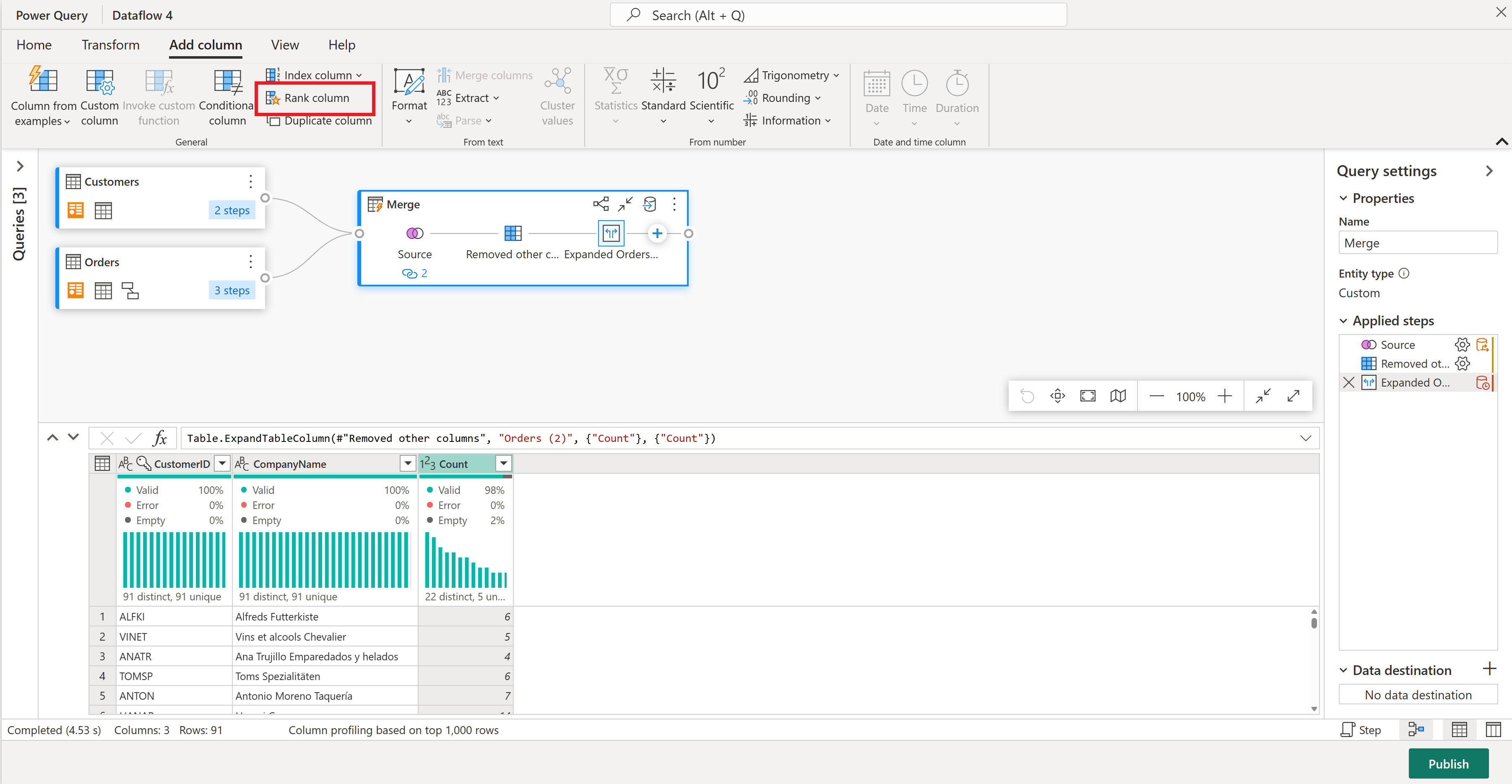 Screenshot dell'editor del flusso di dati con la colonna Conteggio selezionata.