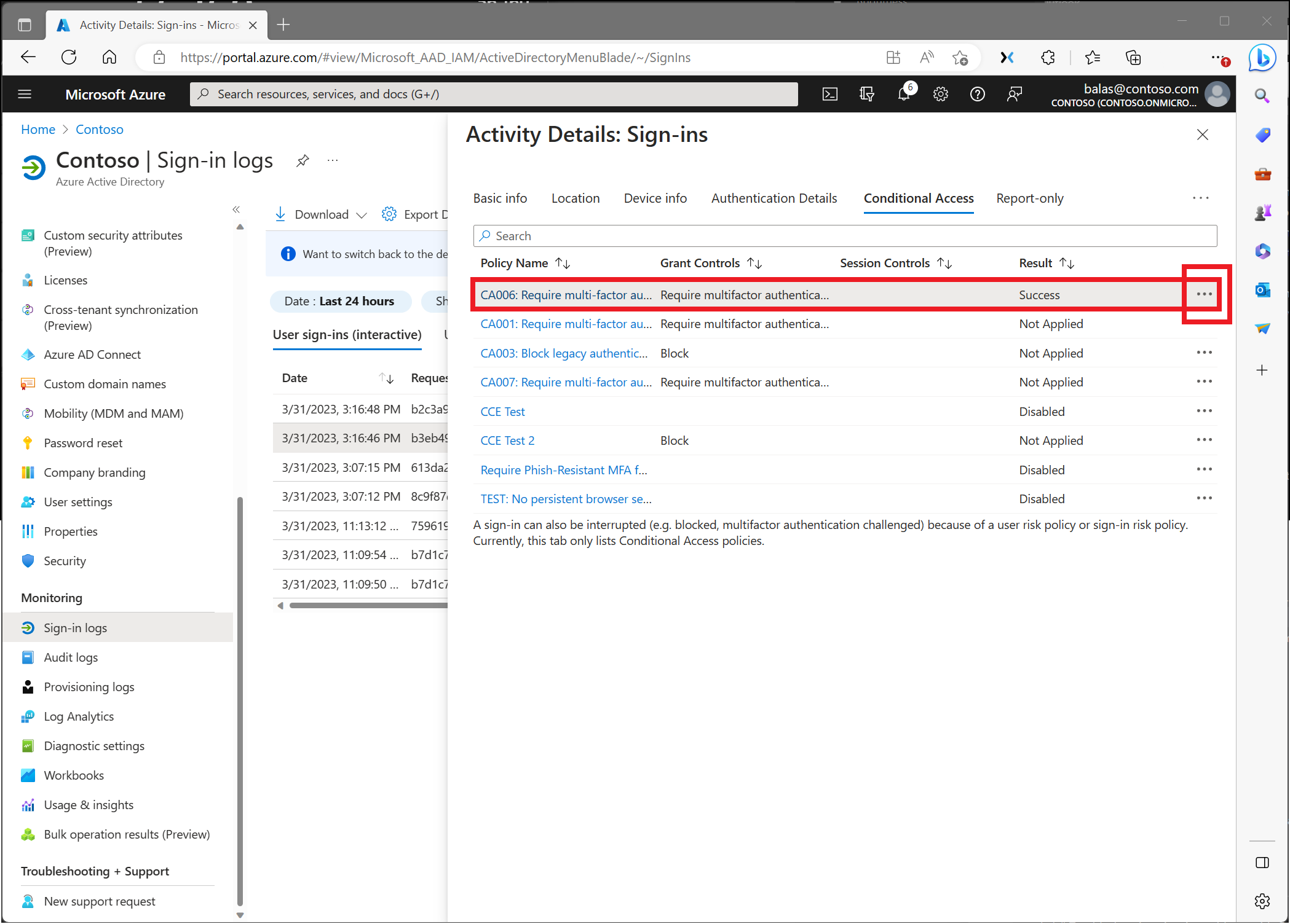 条件付きアクセス ポリシーの詳細を示すスクリーンショット。ポリシーが適用されたか否かの理由を確認します。