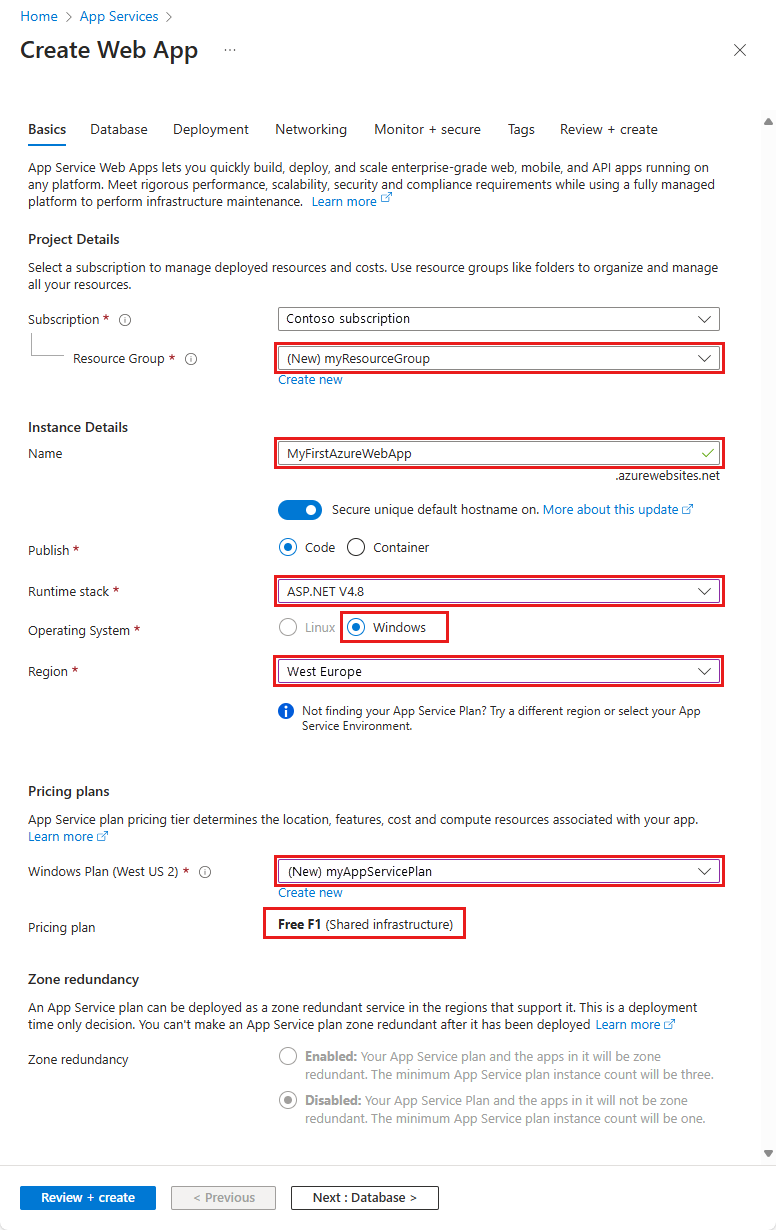 Azure portal の新しい .NET Framework V4.8 用の App Service アプリ構成のスクリーンショット。