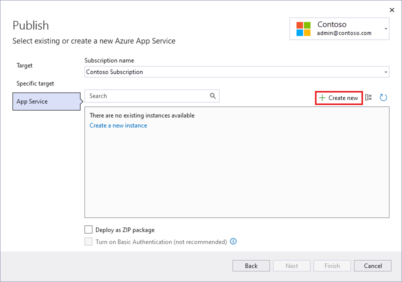 Visual Studio - App Service アプリの新規作成ダイアログのスクリーンショット。