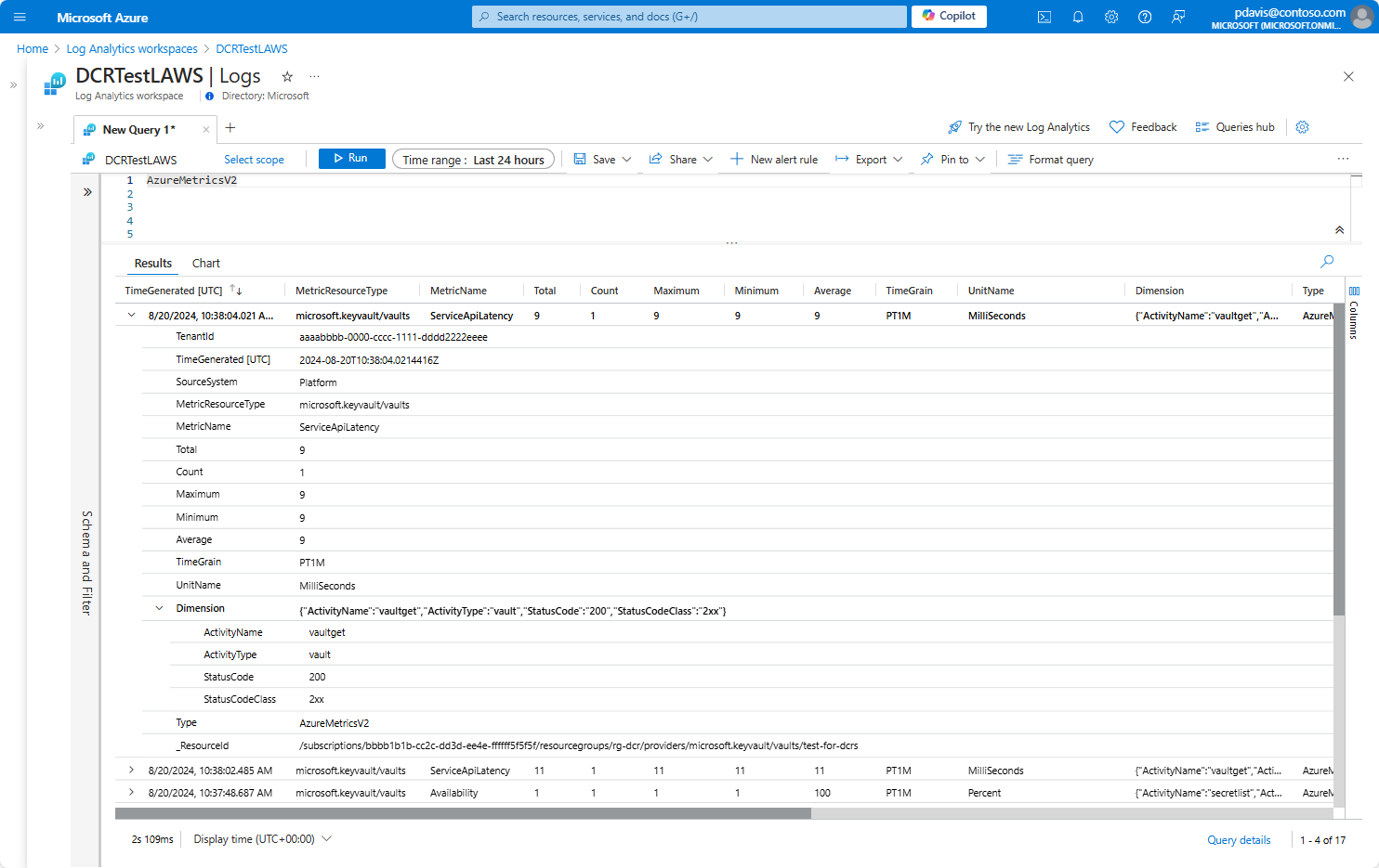 AzureMetricsV2 テーブルのログ分析クエリのスクリーンショット。