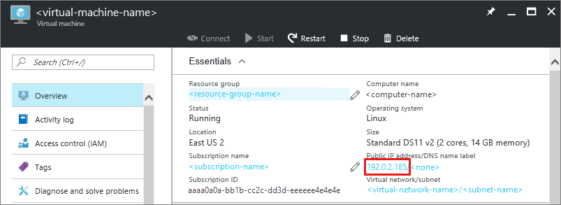 Azure portal の IP アドレスのスクリーンショット。